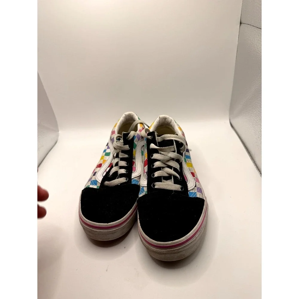 Vans Old Skool Rainbow Checkerboard Unisex Kid 4 Sneaker Black Suede Skate Shoes